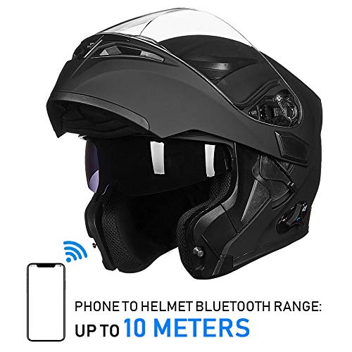 ILM Bluetooth Motorcycle Helmet Modular Flip up Full Face Dual Visor Mp3 Intercom FM Radio DOT Approved Model 902BT(Matte Black, Large)