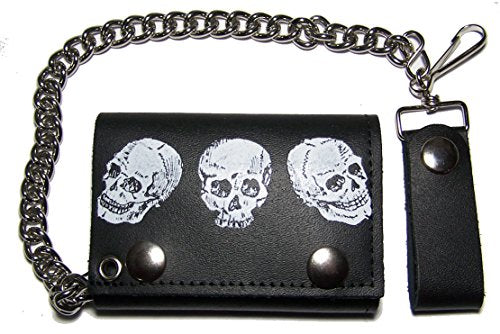 Triple Skull Heads - Cartera de piel para hombre con cadena
