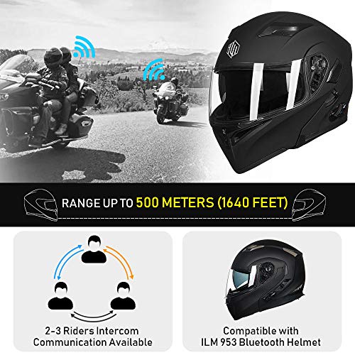 ILM Bluetooth Motorcycle Helmet Modular Flip up Full Face Dual Visor Mp3 Intercom FM Radio DOT Approved Model 902BT(Matte Black, Large)