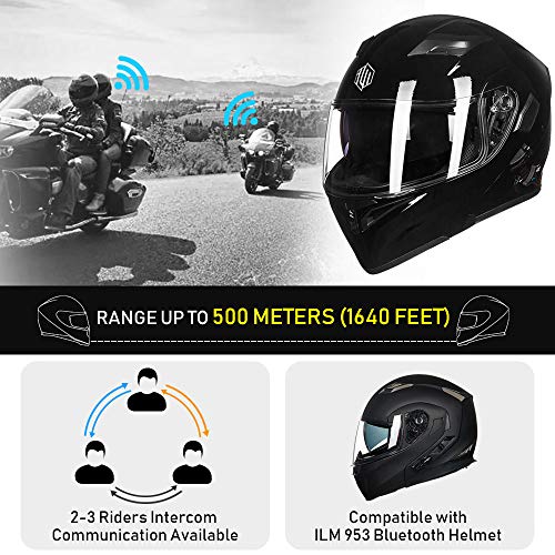 ILM Bluetooth Motorcycle Helmet Modular Flip up Full Face Dual Visor Mp3 Intercom FM Radio DOT Approved Model 902BT(Matte Black, Large)