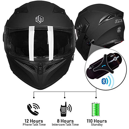 ILM Bluetooth Motorcycle Helmet Modular Flip up Full Face Dual Visor Mp3 Intercom FM Radio DOT Approved Model 902BT(Matte Black, Large)