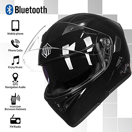 ILM Bluetooth Motorcycle Helmet Modular Flip up Full Face Dual Visor Mp3 Intercom FM Radio DOT Approved Model 902BT(Matte Black, Large)