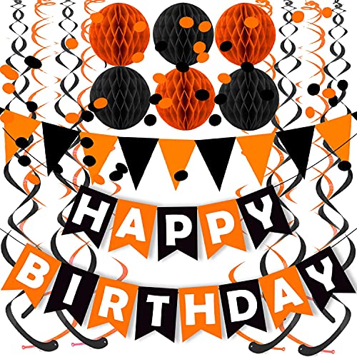 Pancarta de feliz cumpleaños de color negro y naranja con banderines de papel triangular, banderines circulares de confeti para colgar guirnaldas y espirales de bola de panal para cumpleaños, baby shower,