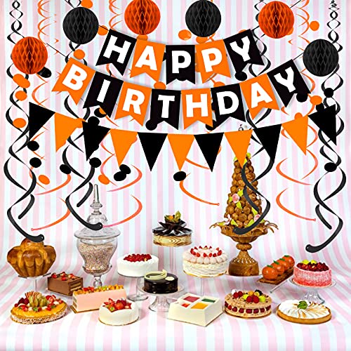 Pancarta de feliz cumpleaños de color negro y naranja con banderines de papel triangular, banderines circulares de confeti para colgar guirnaldas y espirales de bola de panal para cumpleaños, baby shower,