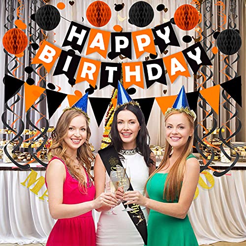 Pancarta de feliz cumpleaños de color negro y naranja con banderines de papel triangular, banderines circulares de confeti para colgar guirnaldas y espirales de bola de panal para cumpleaños, baby shower,