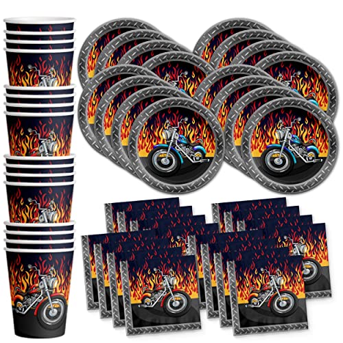 Juego de suministros para fiesta de cumpleaños de motociclista para motocicleta, platos, servilletas, vasos, vajilla para 16