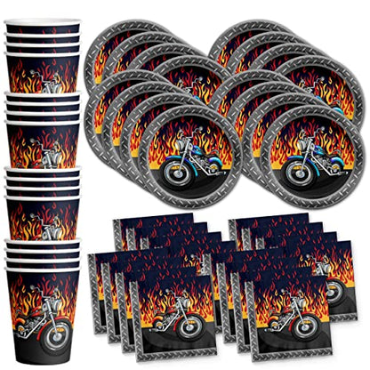 Juego de suministros para fiesta de cumpleaños de motociclista para motocicleta, platos, servilletas, vasos, vajilla para 16