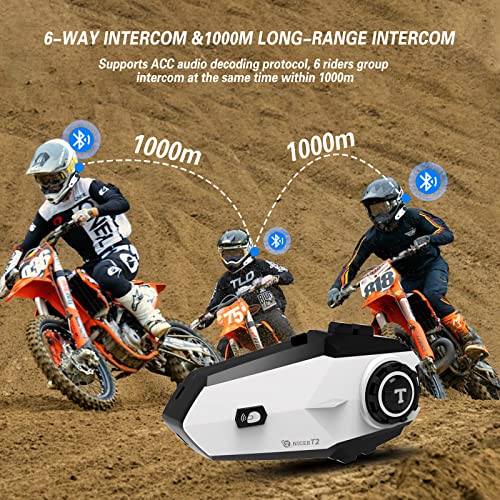 Auricular Bluetooth para motocicleta, T2 1000m 6 Riders Casco Auricular Bluetooth con cancelación de ruido, Sistema universal de comunicación Bluetooth para motocicleta, Compartir música y Altavoces HD