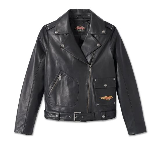 Chaqueta de cuero biker con bolsillo en forma de D del 120.º aniversario para mujer