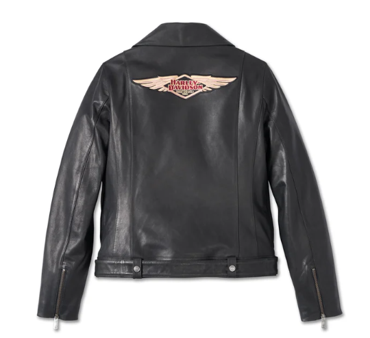 Chaqueta de cuero biker con bolsillo en forma de D del 120.º aniversario para mujer