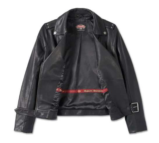 Chaqueta de cuero biker con bolsillo en forma de D del 120.º aniversario para mujer