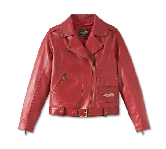 Chaqueta de cuero biker con bolsillo en forma de D del 120.º aniversario para mujer