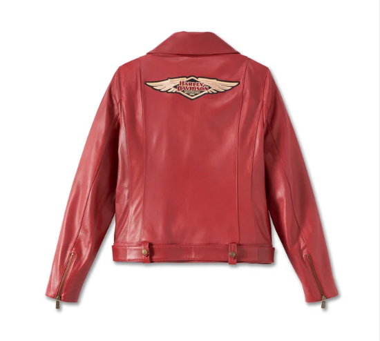 Chaqueta de cuero biker con bolsillo en forma de D del 120.º aniversario para mujer
