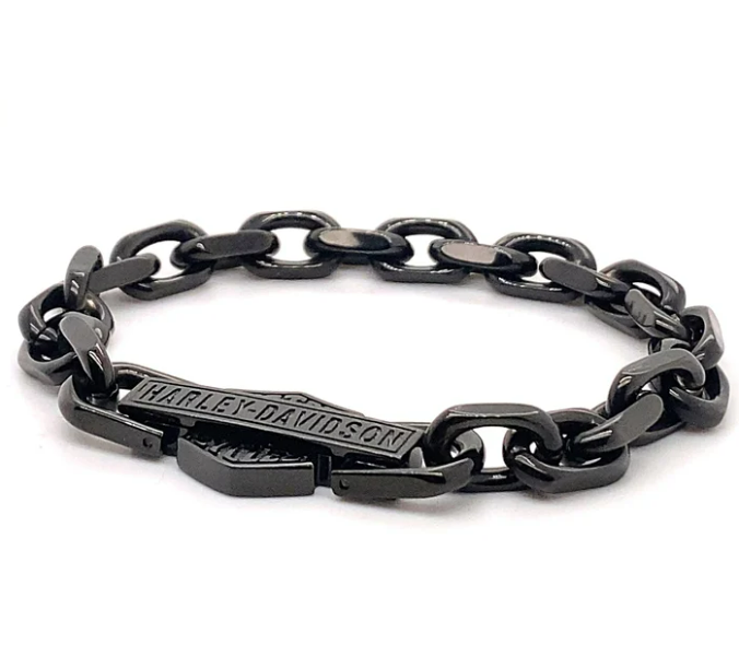 Pulsera de eslabones con escudo y barra vintage negra para hombre