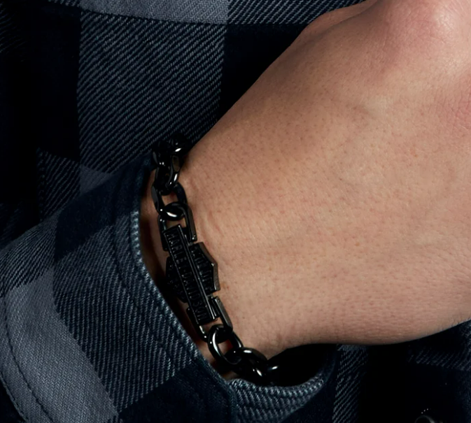 Pulsera de eslabones con escudo y barra vintage negra para hombre