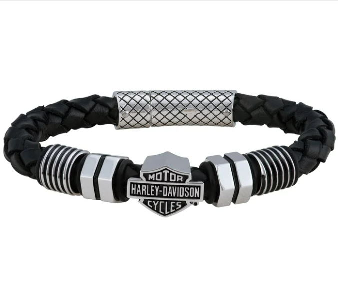 Brazalete de cuero trenzado con escudo y barra de pernos y tuercas para hombre