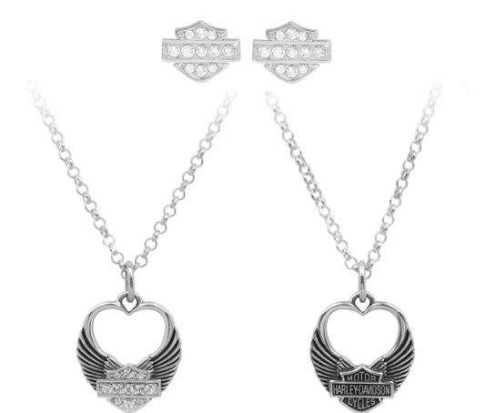 Juego de collar y aretes de corazón alado reversible para mujer con cristales blancos