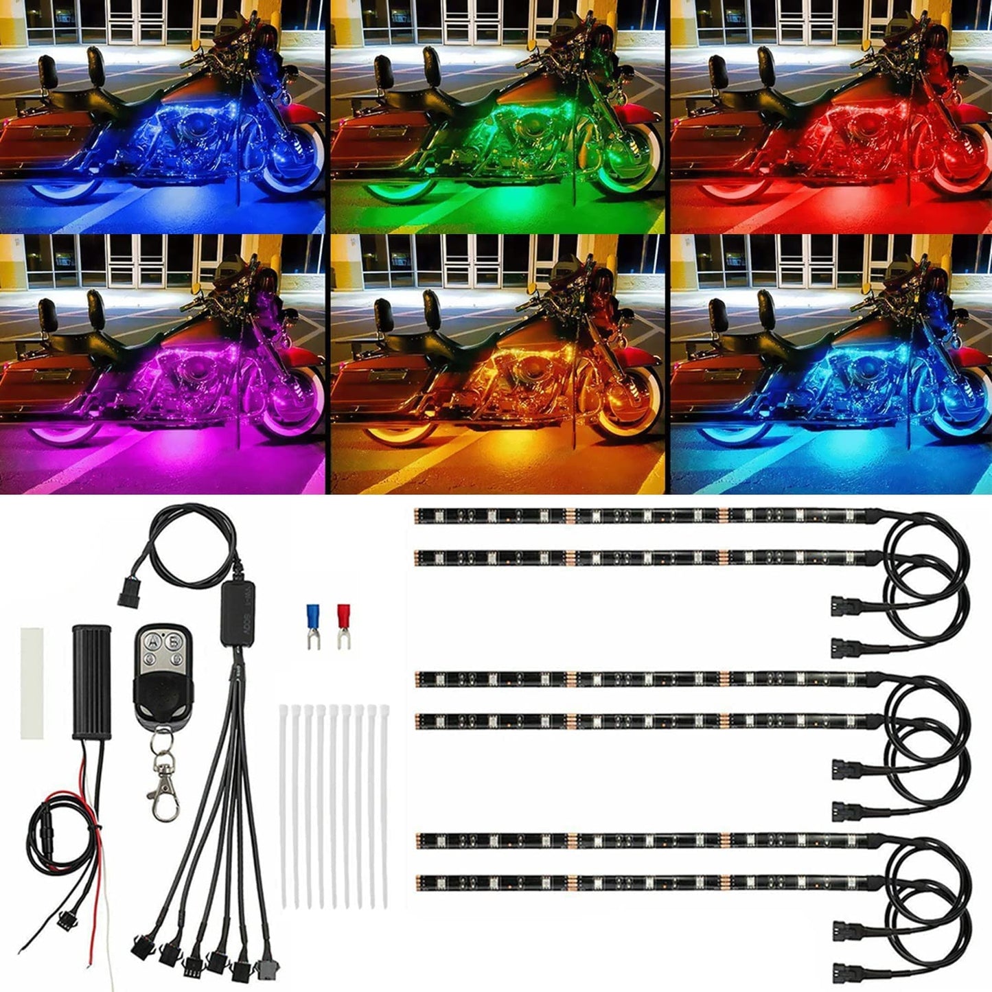 Kit universal de tira de luces LED RGB 72 LED de neón bajo brillo, 6 piezas compatible con Harley Davidson